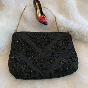 LA REGALE black beaded Vintage style special occasion zip close bag VVGUC